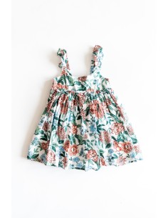 VESTIDO BLANCO CON FLORES ROSADAS, CELESTES Y TALLOS VERDES