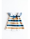 vestido blanco cintas doradas y azules