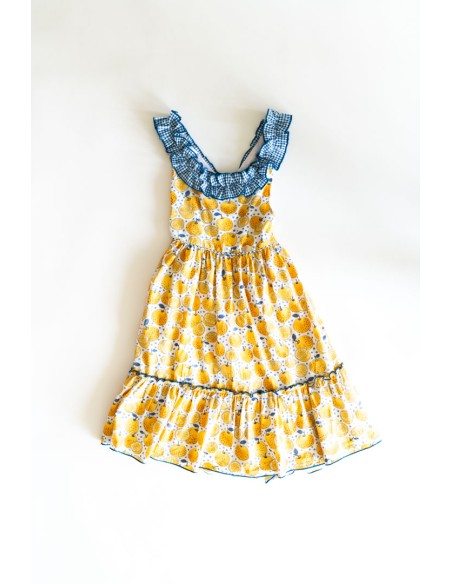 vestido blanco con limones y detalles cuadros azules