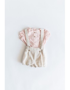 SET ROMPER BEIGE CAMISA CUADROS SALMON