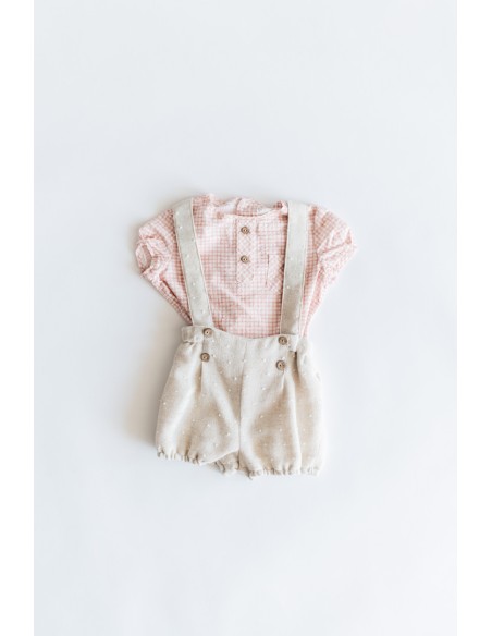 SET ROMPER BEIGE CAMISA CUADROS SALMON
