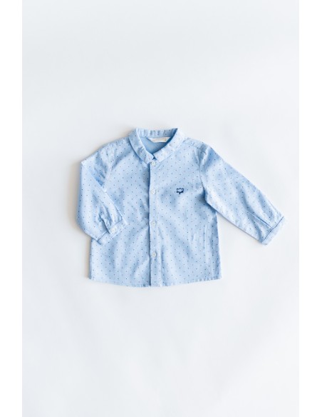 camisa manga larga celeste con puntitos rojos celestes
