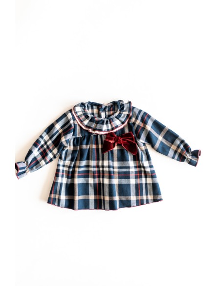 vestido manga larga azul y lazo concho de vino