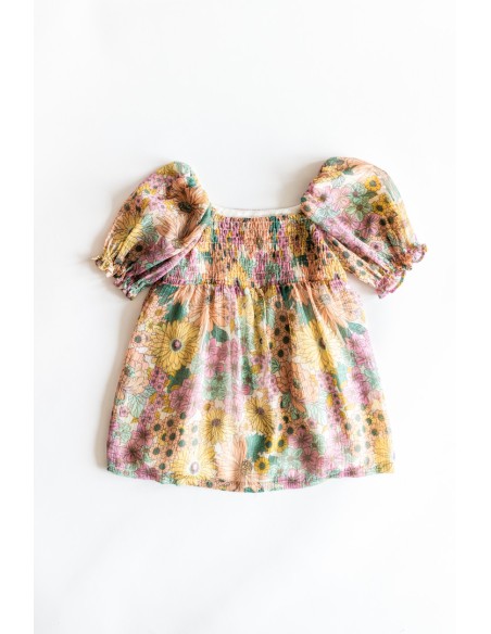 vestido flores de colores e hilos dorados