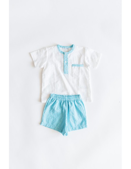set camisa blanca con short de cuadros celestes