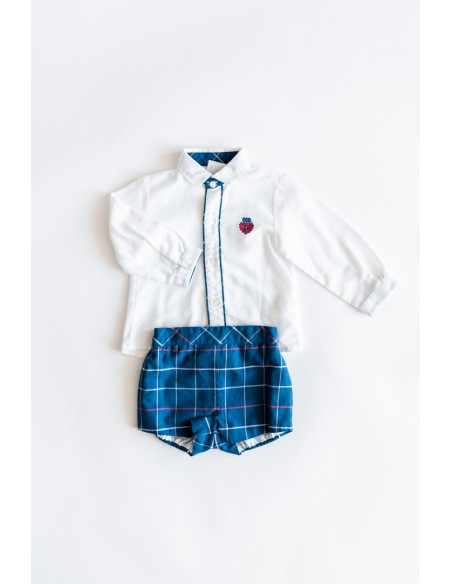 set camisa blanca y short azul con rayas rojas
