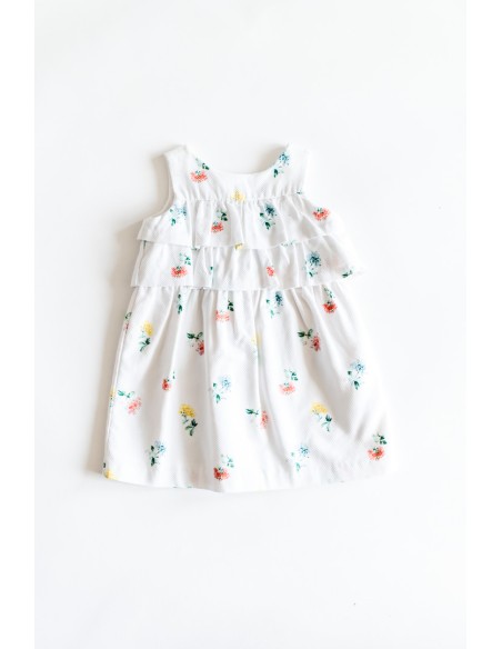 vestido blanco con flores rosados, azules,amarrillo