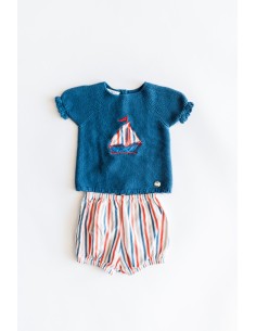 short rayas beige, azul, rojo, top bordado con barquito