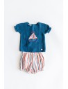 short rayas beige, azul, rojo, top bordado con barquito