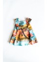 vestido turquesa con colores naranja mostaza y fucsia