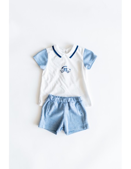 set short puntos azules y camiseta carrito algodon
