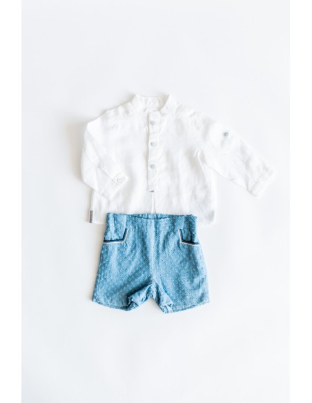 set camisa lino blanca short celeste con textura