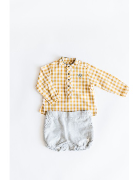 short cuadros grises camisa cuadros mostaza