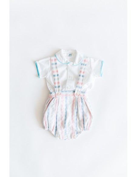 set camisa blanca lino turquesa romper colores pasteles rosado y celeste