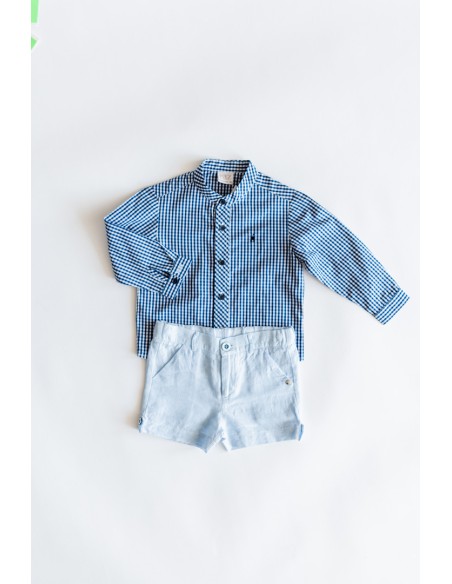 set short celeste camisa cuadros azules