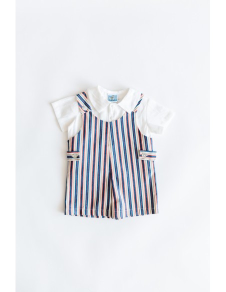 set romper rayas azules y rojas y beige camisa blanca
