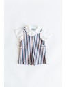set romper rayas azules y rojas y beige camisa blanca