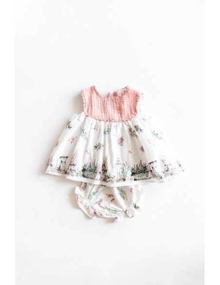 set vestido blanco arriba rosado, con flores