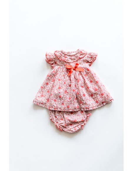 set vestido flores fucsias, lazo fucsia, calzon