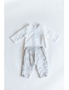 set pantalon gris rayas celestes y azules camiseta blanca con osito