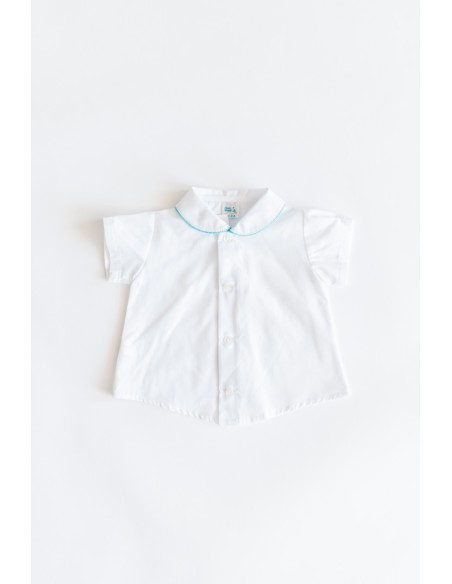 camisa manga corta blanca con detalles celestes