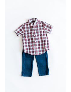 set pantalon largo azul y camisa manga corta cuadros rojos con blancos