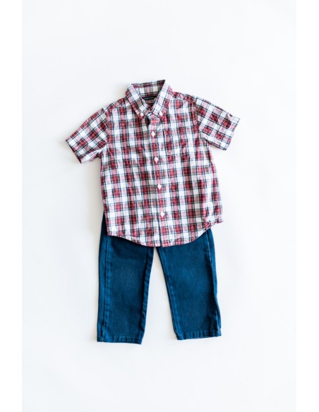 set pantalon largo azul y camisa manga corta cuadros rojos con blancos