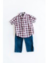 set pantalon largo azul y camisa manga corta cuadros rojos con blancos