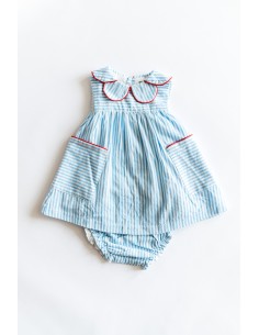 vestido rayas celestes y blancas con detalles rojos