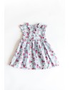 vestido celeste con flores fucsias