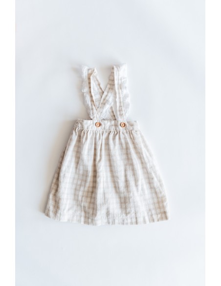 vestido cuadros beige y blancos con vuelos en espalda
