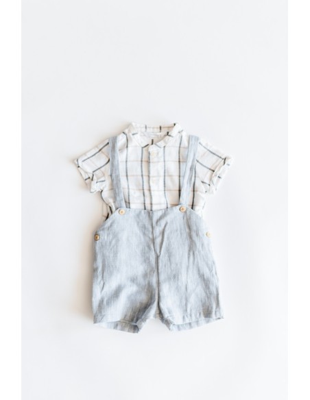 set camisa rayas grises y beige con short gris claro