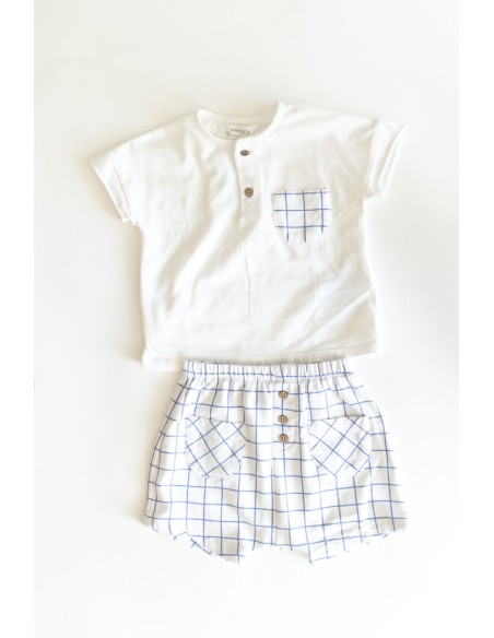 set algodon camiseta con bolsillo y short a cuadros celestes
