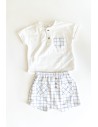 set algodon camiseta con bolsillo y short a cuadros celestes
