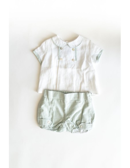 set camisa blanca lino con detalle menta y cubre panal