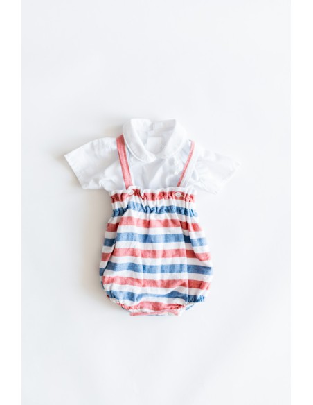 set romper rayas azules y rojas y camisa blanca manga corta