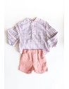 set short rosado y camisa cuadros rosados y celestes
