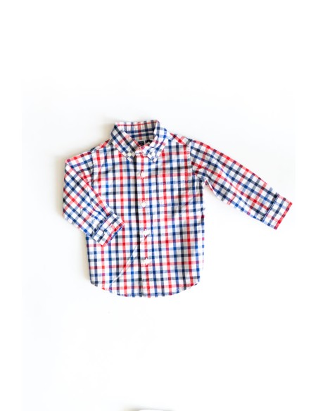 camisa manga larga cuadros rojos, azules y blancos