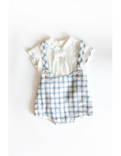 set romper cuadros celestes y top blanco