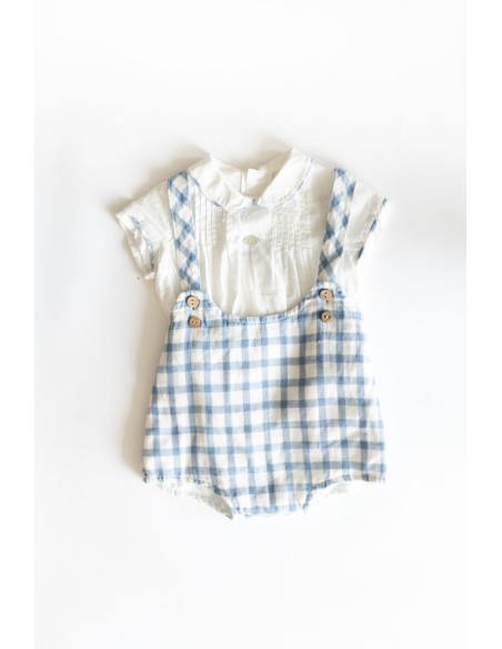 set romper cuadros celestes y top blanco