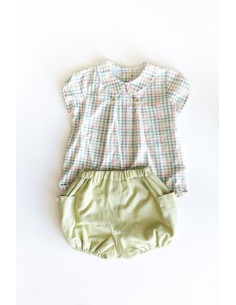 set camisa cuadros verdes rosados y blancos y short verde
