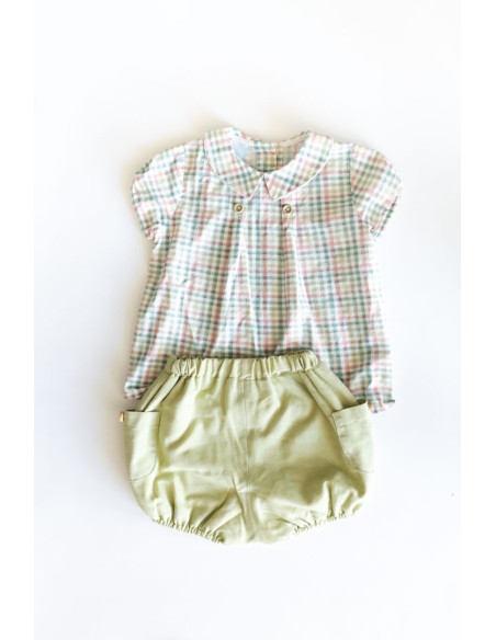 set camisa cuadros verdes rosados y blancos y short verde