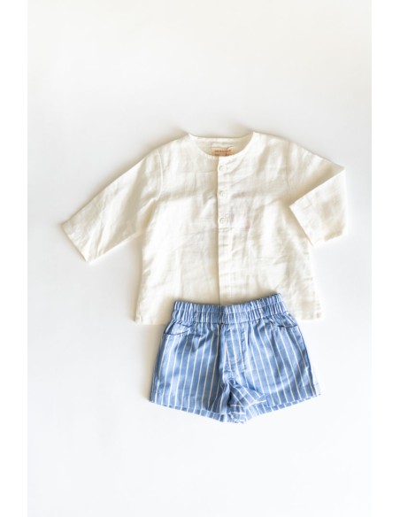 set camisa blanca short celeste con rayas blancas