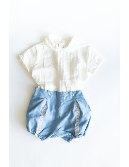 set short celeste camisa lino blanca