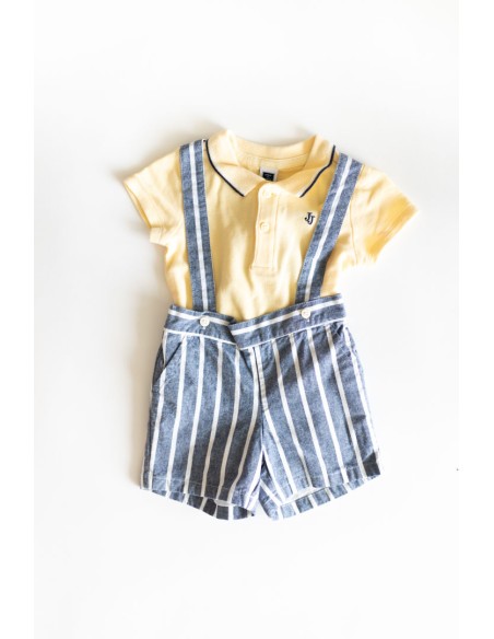 set camisa polo amarilla y romper  azul con rayas blancas