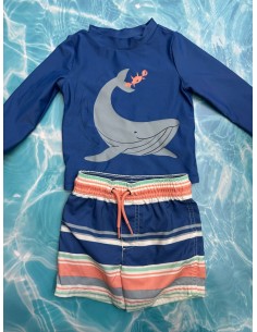 set pantalon de baño azul con franjas rosada y turquesa con camiseta azul