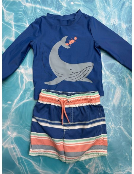 set pantalon de baño azul con franjas rosada y turquesa con camiseta azul