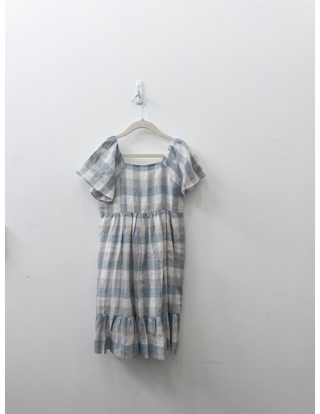 vestido lino cuadros turquesas beige y gris