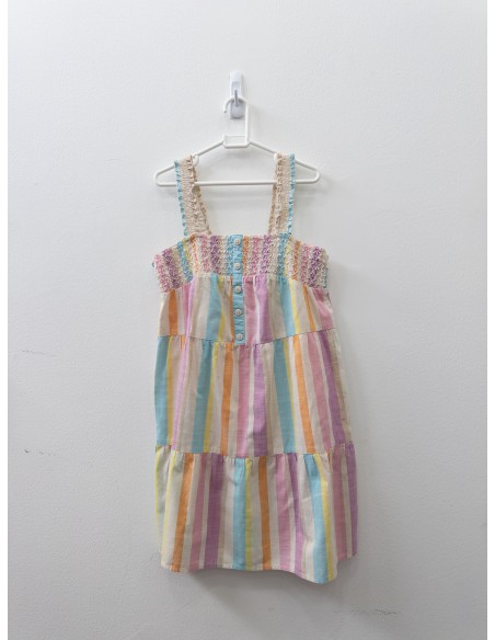 vestido lino rayas beige azul rosadas amarillas