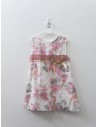 vestido lino blanco con flores cinturon rosado y lazo beige